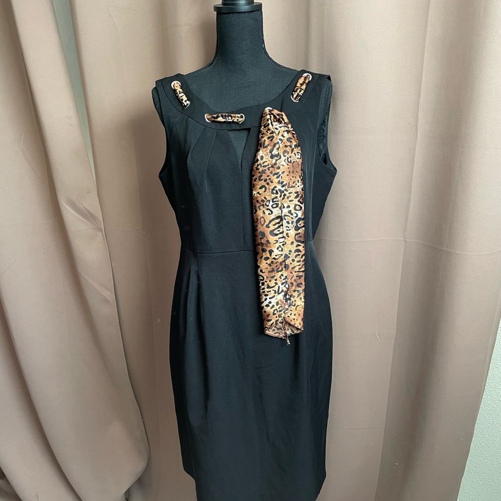 Elegant Black Dress with Leopard Print Accent, size 12